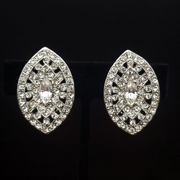 Kenneth Lane Clear Rhinestone Clip-On Earrings in Silver-Tone - Navette-Marquise - Picture 1 of 4